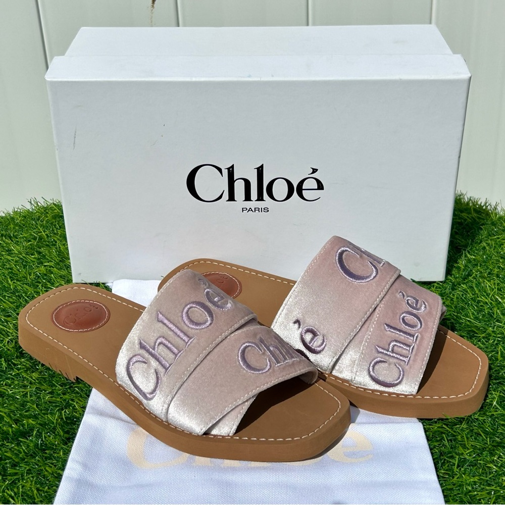 Chloe Woody Mule Slide Sandals Light Pink/Purple Embroidered Velvet LeatherSZ 37